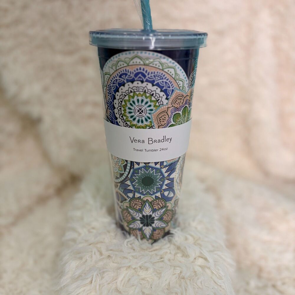 Vera Bradley 24oz Travel Tumbler Double Wall Acrylic Cup Straw Island Medallion